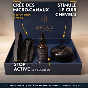 Le Protocole BREEZ : dermaroller, sérum et brosse dans leur coffret, accompagnement jusqu'à tes premiers résultats