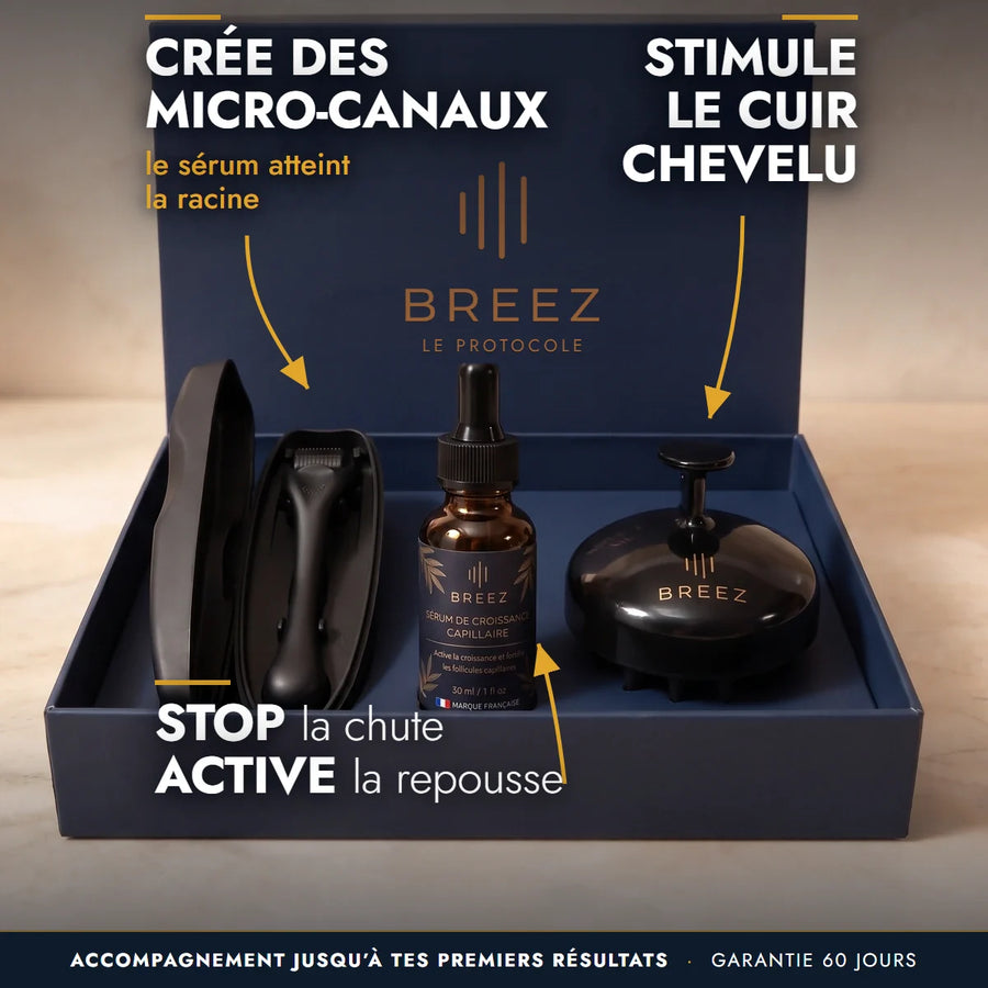 Le Protocole BREEZ : dermaroller, sérum et brosse dans leur coffret, accompagnement jusqu'à tes premiers résultats