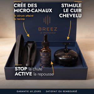 Le protocole BREEZ en coffret : le dermaroller crée des micro-canaux pour que le sérum atteigne la racine, le sérum stoppe la chute et active la repousse, la brosse stimule le cuir chevelu, garantie 60 jours satisfait ou remboursé