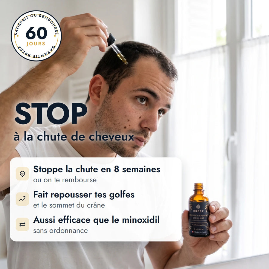 Stoppe la chute de cheveux en 8 semaines, fait repousser les golfes et le sommet du crâne, aussi efficace que le minoxidil sans ordonnance