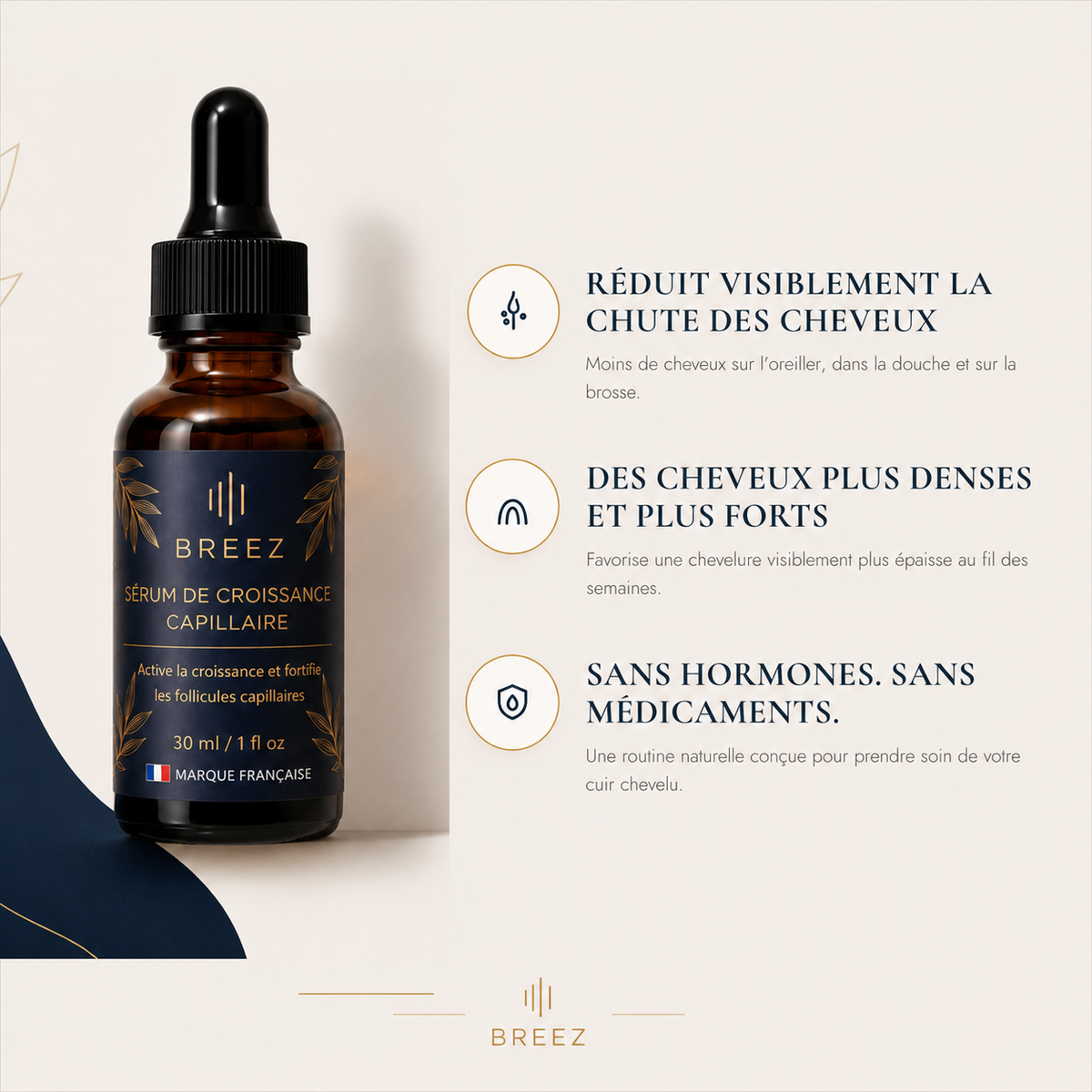Sérum BREEZ anti-chute — bénéfices : réduit la chute, cheveux plus denses, sans hormones ni médicaments