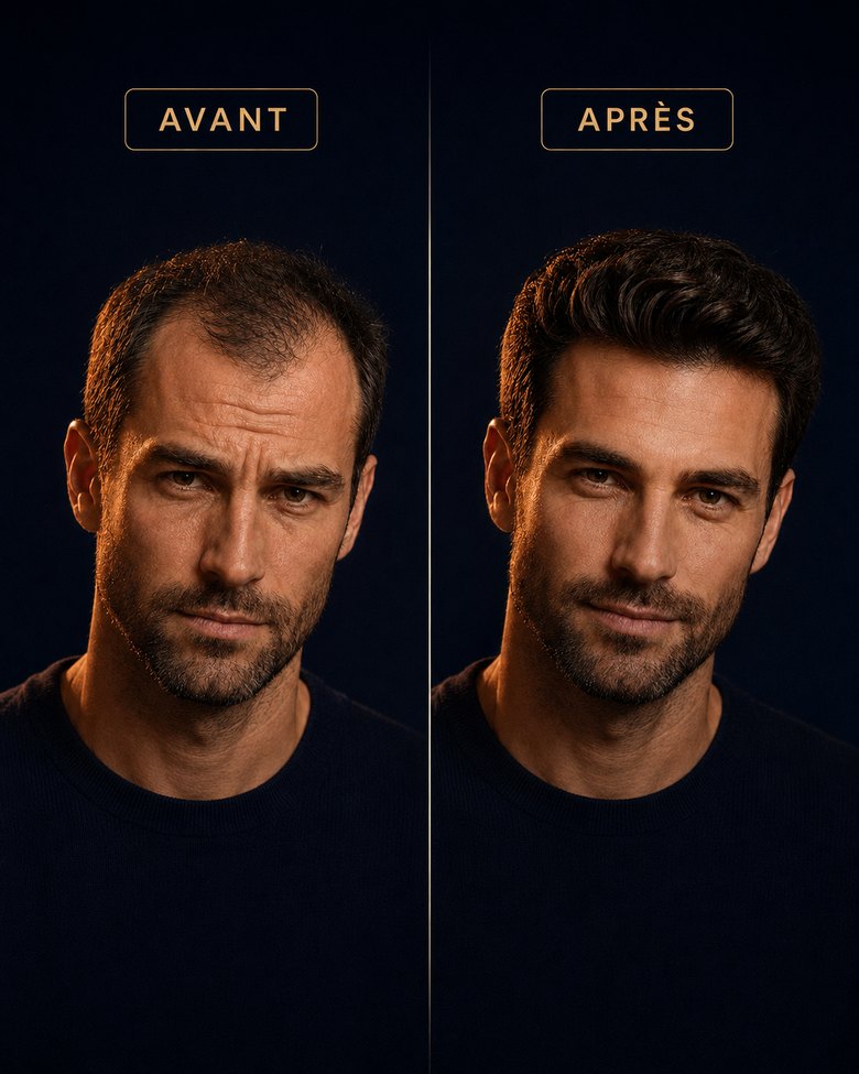 Comparatif avant/après : densité retrouvée sur les golfes et le sommet du crâne