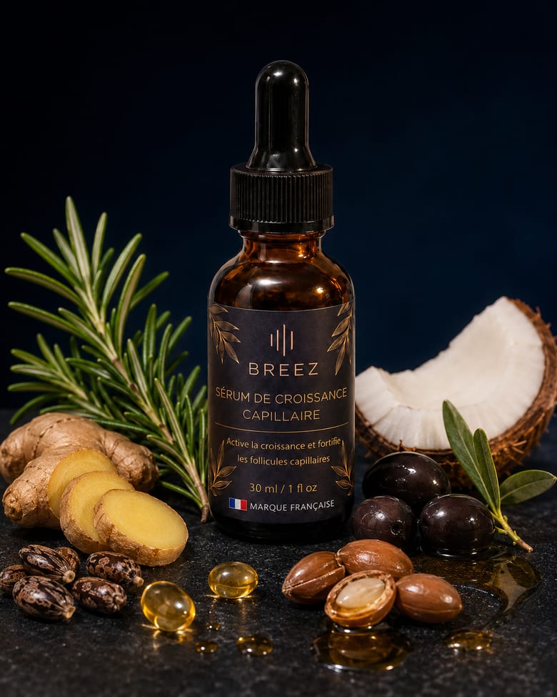 Le flacon de sérum BREEZ entouré de ses actifs naturels : romarin, gingembre, ricin, coco, olive, argan