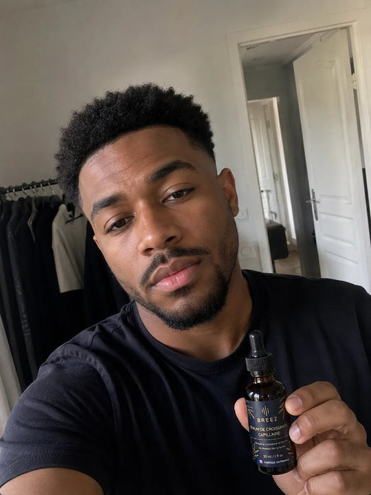 Homme tenant le flacon de serum BREEZ, lumiere naturelle.