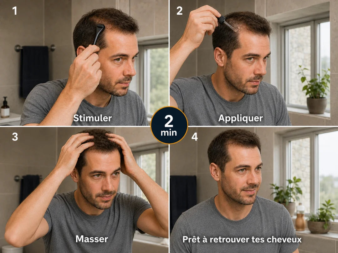 Les 4 étapes du rituel BREEZ : dermaroller, application du sérum, massage, résultat, en 2 minutes