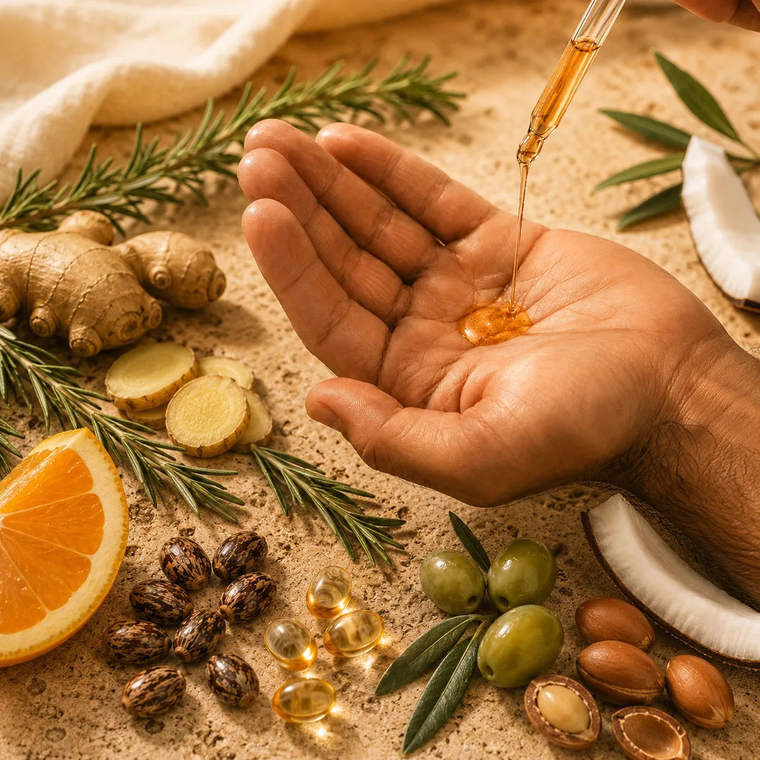 Une goutte de sérum BREEZ coule d'une pipette dans une main, entourée des 9 actifs : romarin, gingembre, ricin, coco, olive, argan, orange, gélules dorées