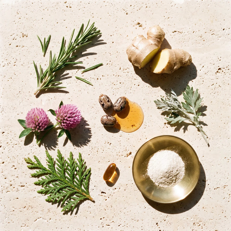 Les huit actifs du Shampoing BREEZ posés sur une dalle de travertin : romarin, gingembre, ricin, trèfle rouge, armoise, thuya, vitamine E et biotine