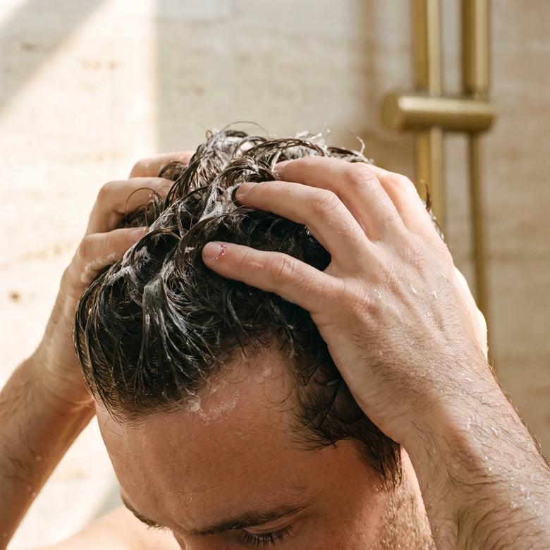 Gros plan sur les mains d'un homme qui masse son cuir chevelu couvert de mousse, du bout des doigts, sous la douche